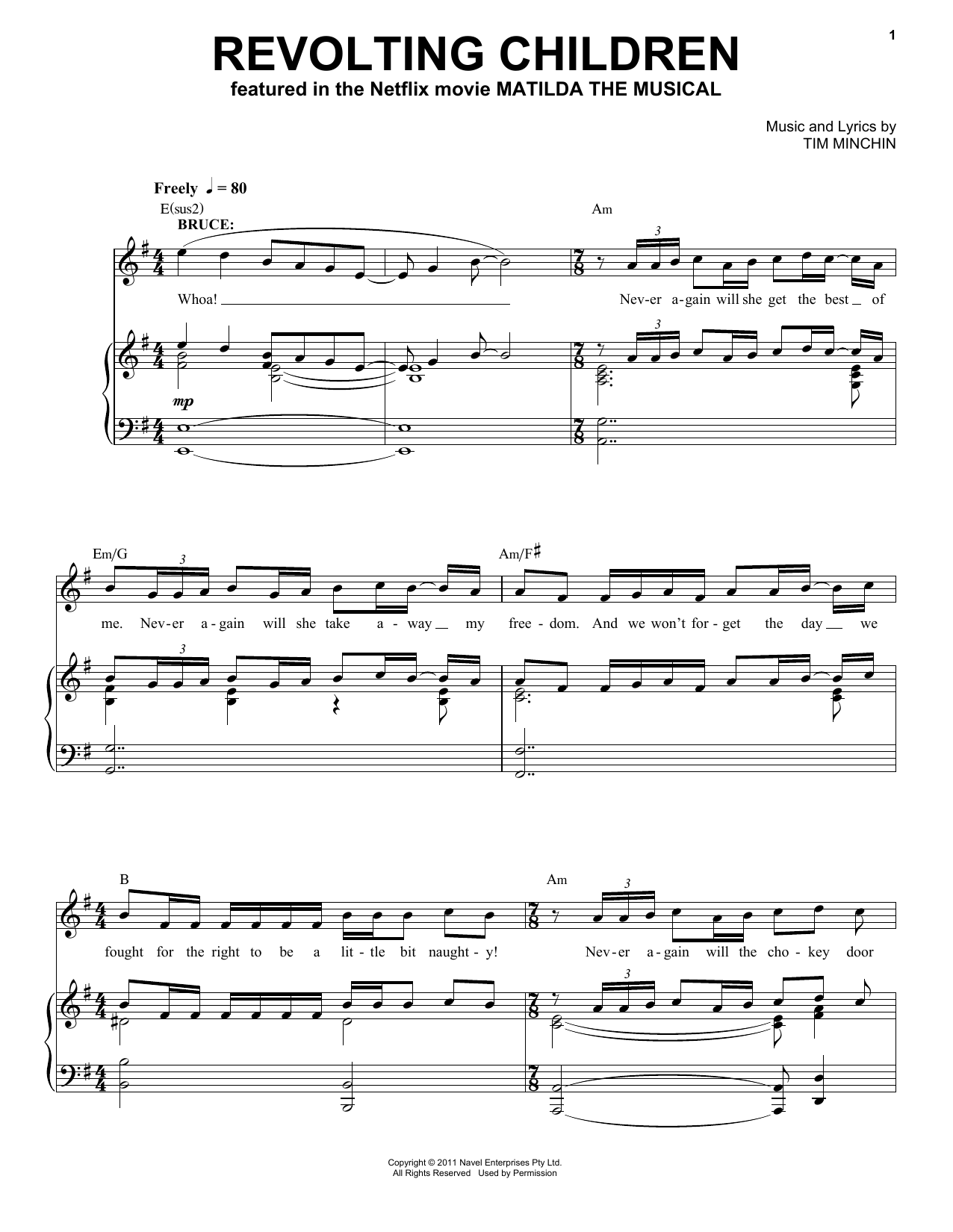 Tim Minchin Revolting Children (from the Netflix movie Matilda The Musical) sheet music notes and chords arranged for Piano & Vocal