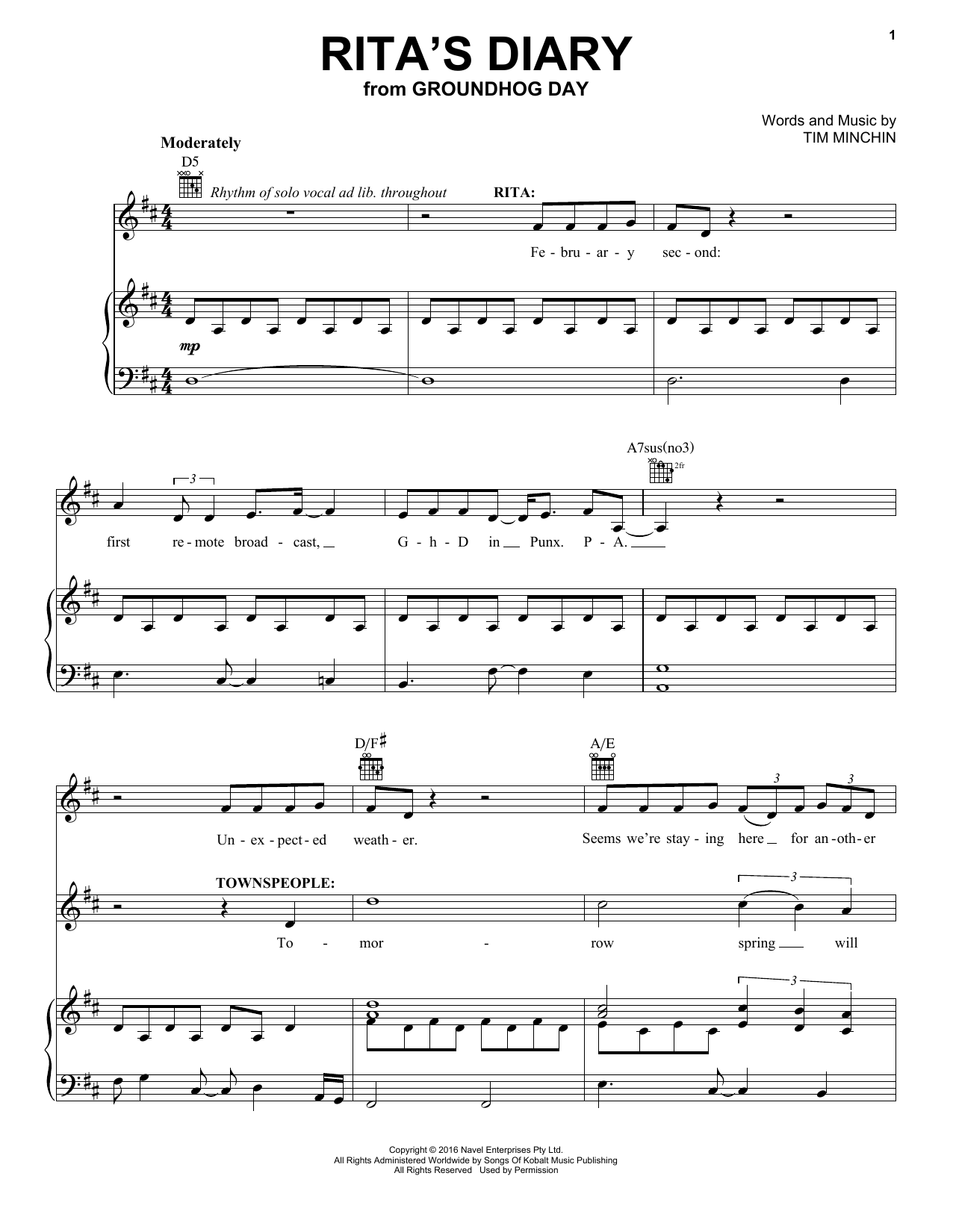 Tim Minchin Rita's Diary (from Groundhog Day The Musical) sheet music notes and chords arranged for Piano, Vocal & Guitar Chords (Right-Hand Melody)