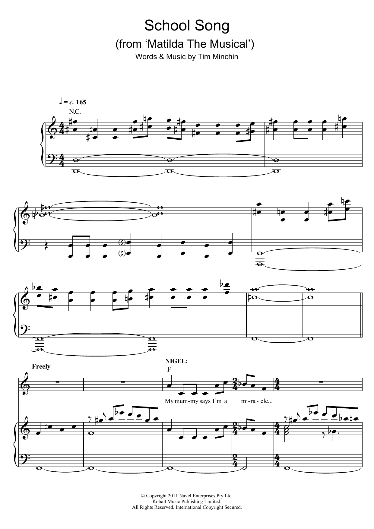 Tim Minchin School Song (From 'Matilda The Musical') sheet music notes and chords arranged for Piano & Vocal