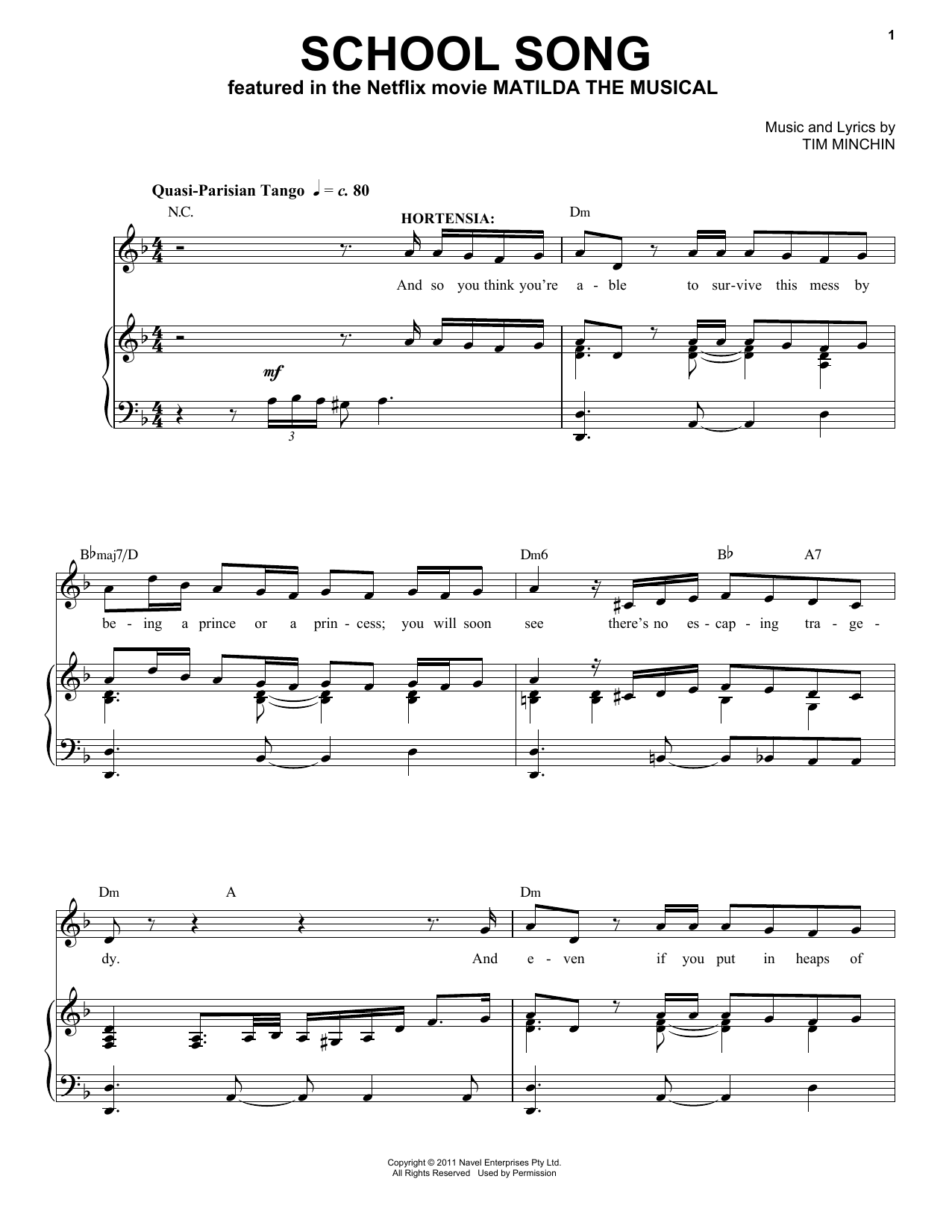 Tim Minchin School Song (from the Netflix movie Matilda The Musical) sheet music notes and chords arranged for Piano & Vocal