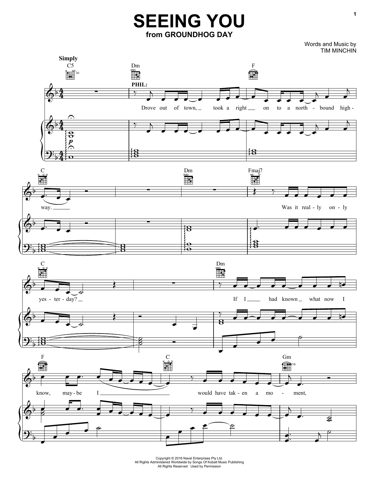 Tim Minchin Seeing You (from Groundhog Day The Musical) sheet music notes and chords arranged for Piano, Vocal & Guitar Chords (Right-Hand Melody)
