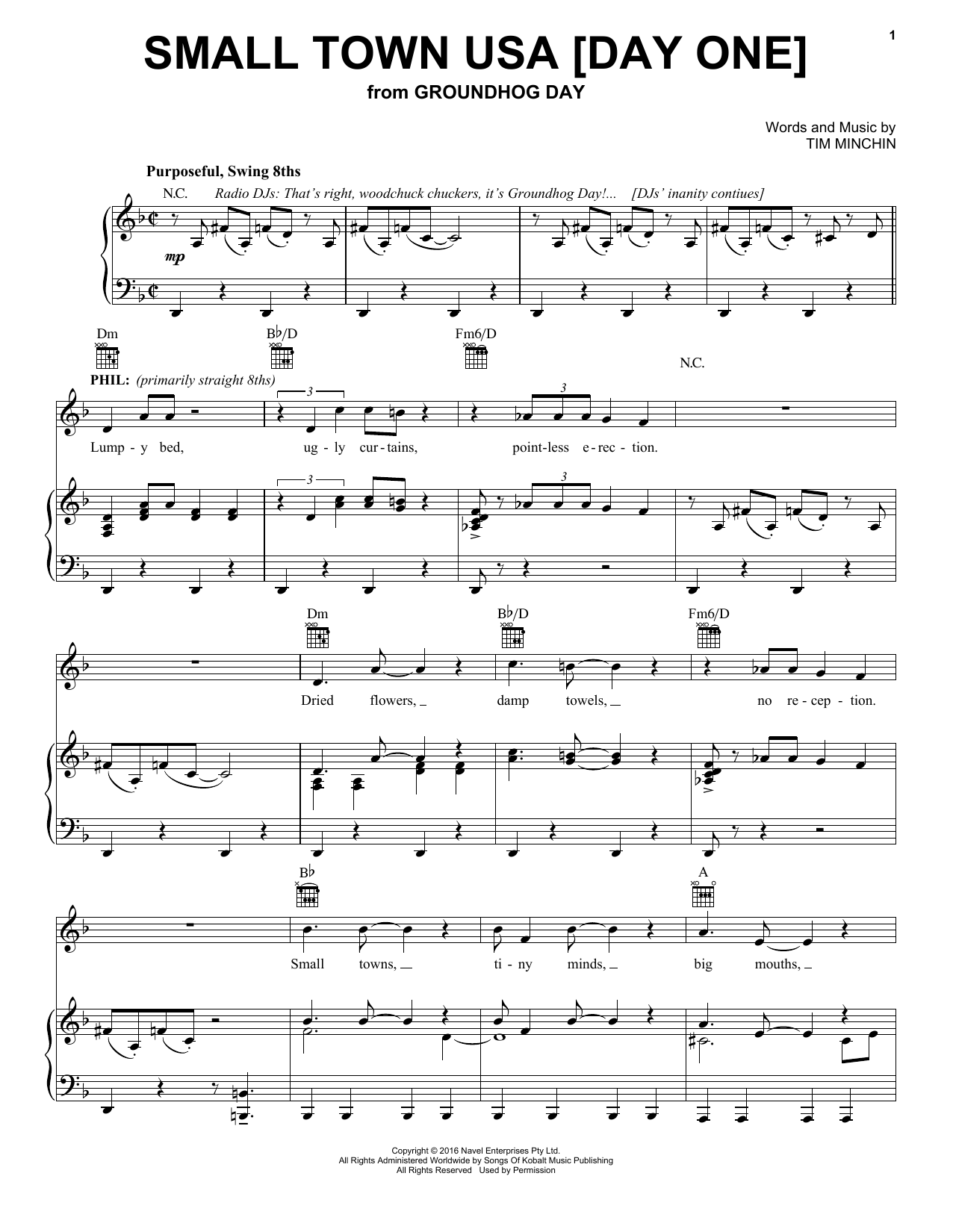 Tim Minchin Small Town USA [Day One] (from Groundhog Day The Musical) sheet music notes and chords arranged for Piano, Vocal & Guitar Chords (Right-Hand Melody)
