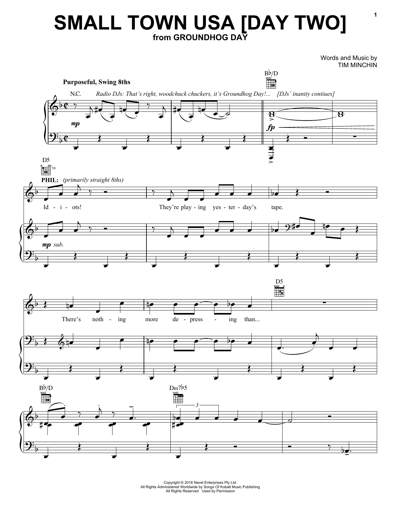 Tim Minchin Small Town USA [Day Two] (from Groundhog Day The Musical) sheet music notes and chords arranged for Piano, Vocal & Guitar Chords (Right-Hand Melody)