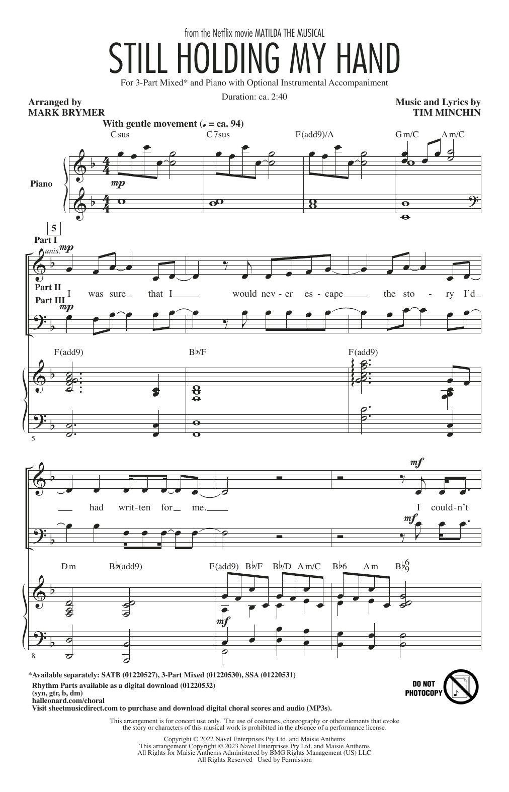 Tim Minchin Still Holding My Hand (from Matilda The Musical) (arr. Mark Brymer) sheet music notes and chords arranged for SSA Choir