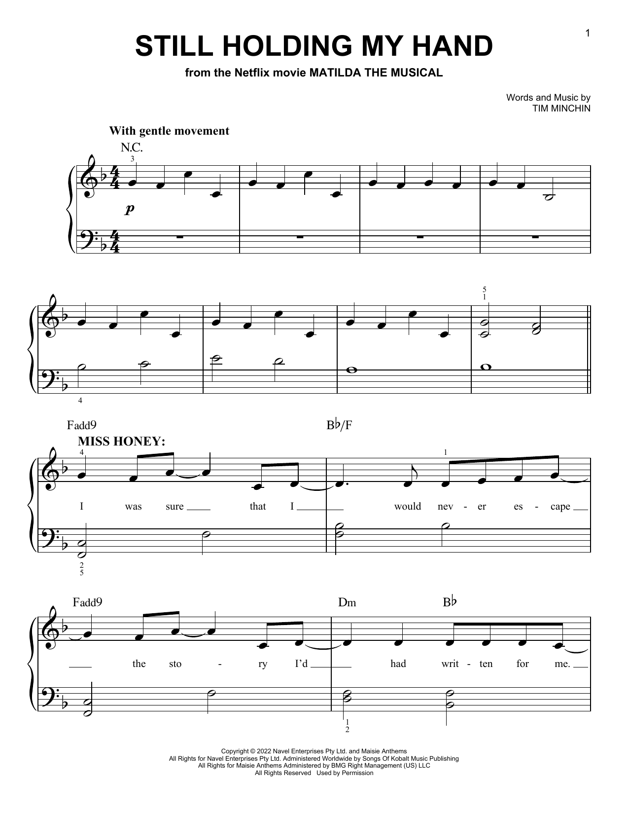 Tim Minchin Still Holding My Hand (from the Netflix movie Matilda The Musical) sheet music notes and chords arranged for Piano, Vocal & Guitar Chords (Right-Hand Melody)