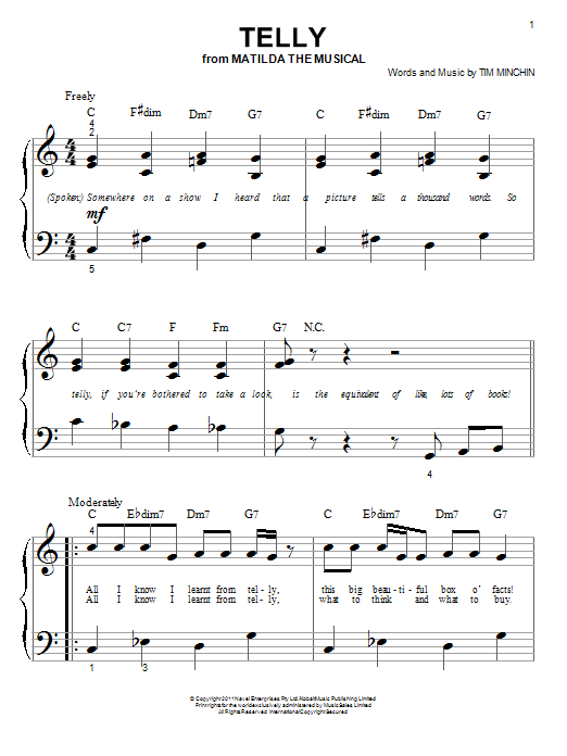 Tim Minchin Telly (from 'Matilda The Musical') sheet music notes and chords arranged for Big Note Piano