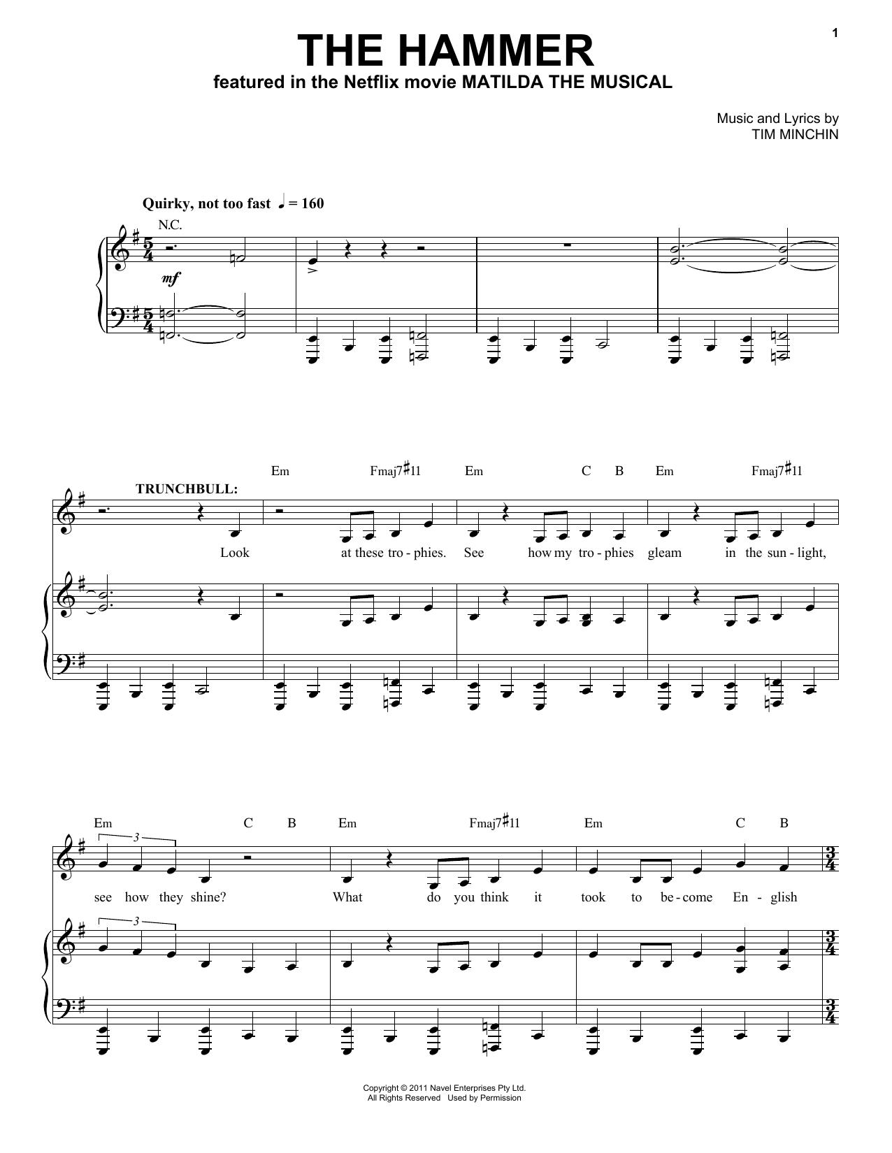 Tim Minchin The Hammer (from the Netflix movie Matilda The Musical) sheet music notes and chords arranged for Piano & Vocal