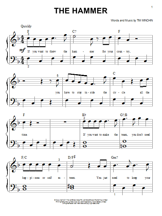 Tim Minchin The Hammer (from 'Matilda The Musical') sheet music notes and chords arranged for Big Note Piano