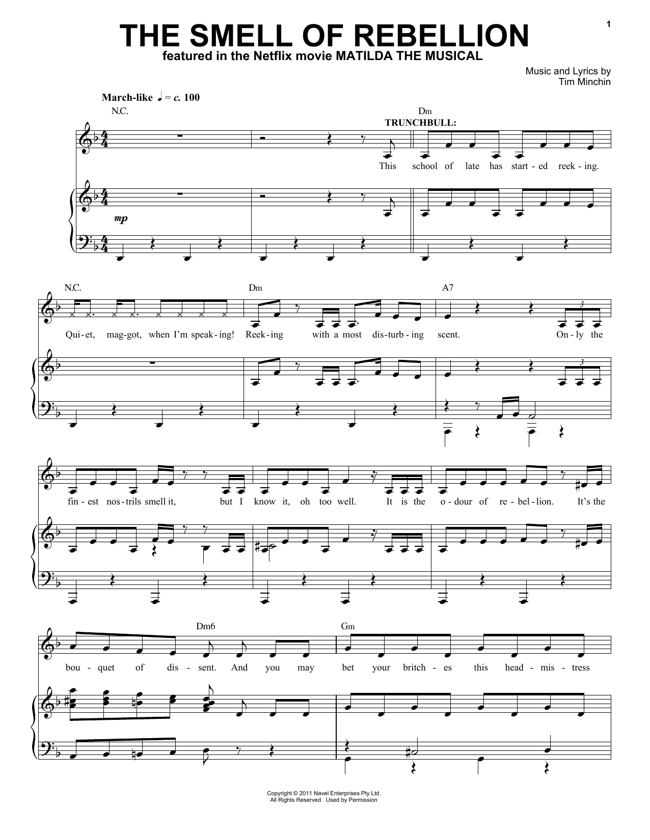 Tim Minchin The Smell Of Rebellion (from the Netflix movie Matilda The Musical) sheet music notes and chords arranged for Piano & Vocal