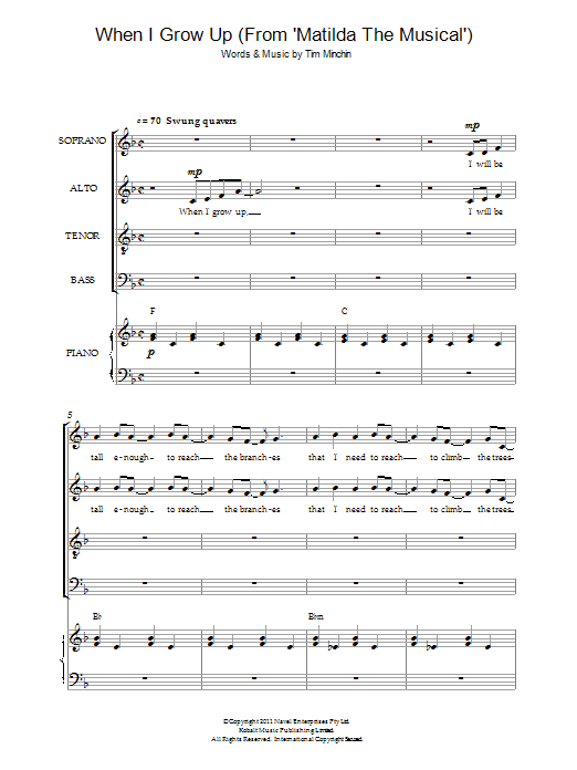 Tim Minchin When I Grow Up ('From Matilda The Musical') sheet music notes and chords arranged for Choir