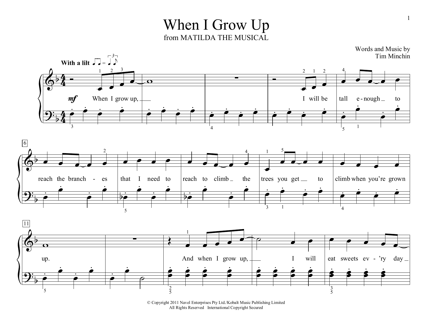 Tim Minchin When I Grow Up (from Matilda the Musical) (arr. Christopher Hussey) sheet music notes and chords arranged for Educational Piano