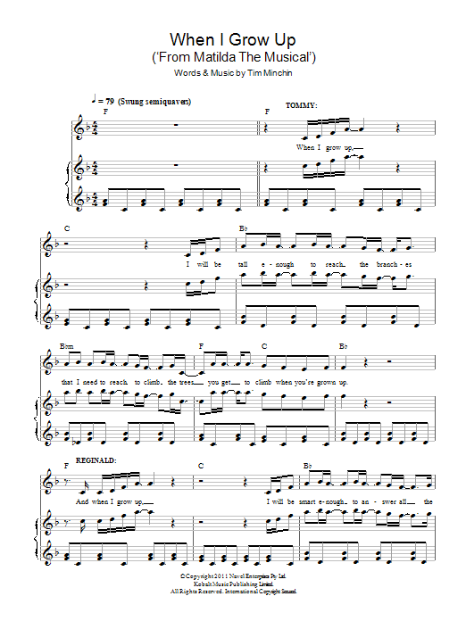 Tim Minchin When I Grow Up (from Matilda The Musical) sheet music notes and chords arranged for Piano, Vocal & Guitar Chords (Right-Hand Melody)