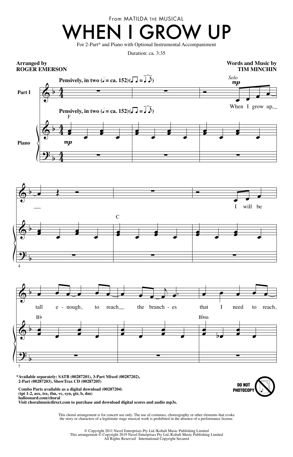 Tim Minchin When I Grow Up (from Matilda: The Musical) (arr. Roger Emerson) sheet music notes and chords arranged for 2-Part Choir