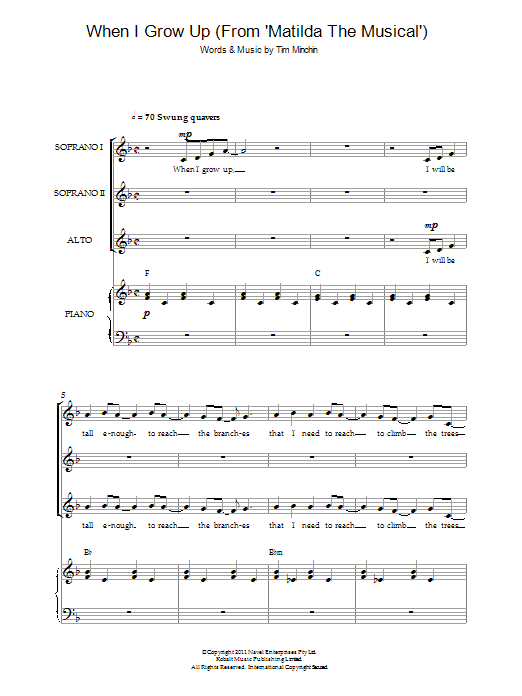 Tim Minchin When I Grow Up ('From Matilda The Musical') sheet music notes and chords arranged for Choir