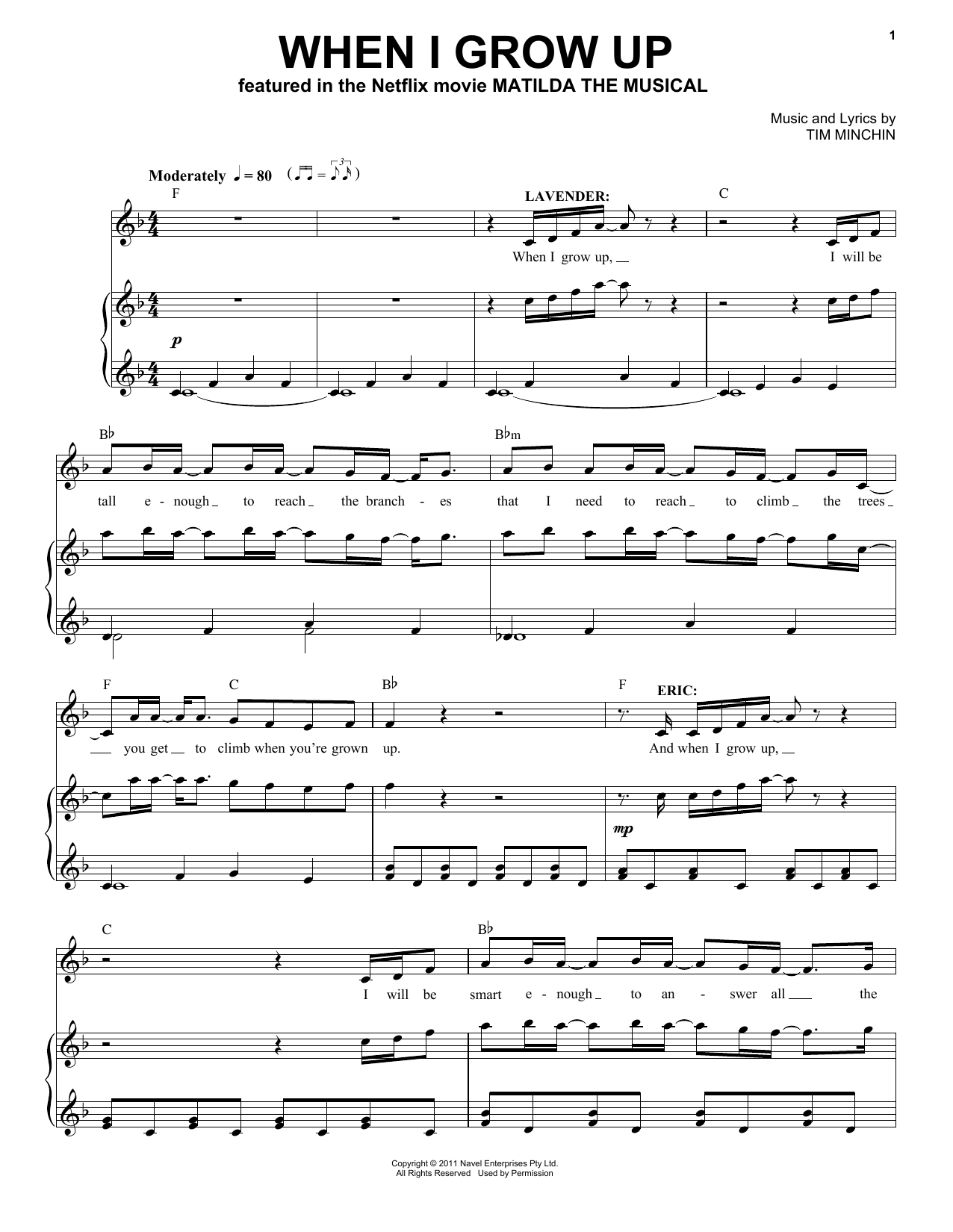 Tim Minchin When I Grow Up (from the Netflix movie Matilda The Musical) sheet music notes and chords arranged for Piano & Vocal