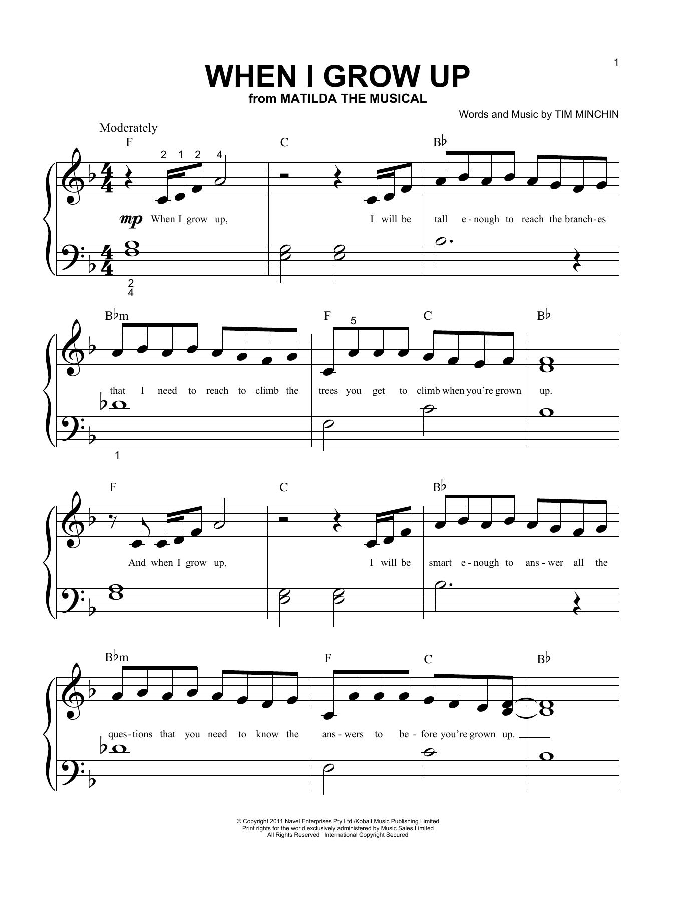 Tim Minchin When I Grow Up sheet music notes and chords arranged for Super Easy Piano