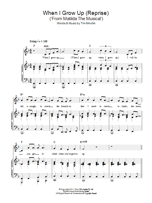 Tim Minchin When I Grow Up (Reprise) ('From Matilda The Musical') sheet music notes and chords arranged for Piano & Vocal