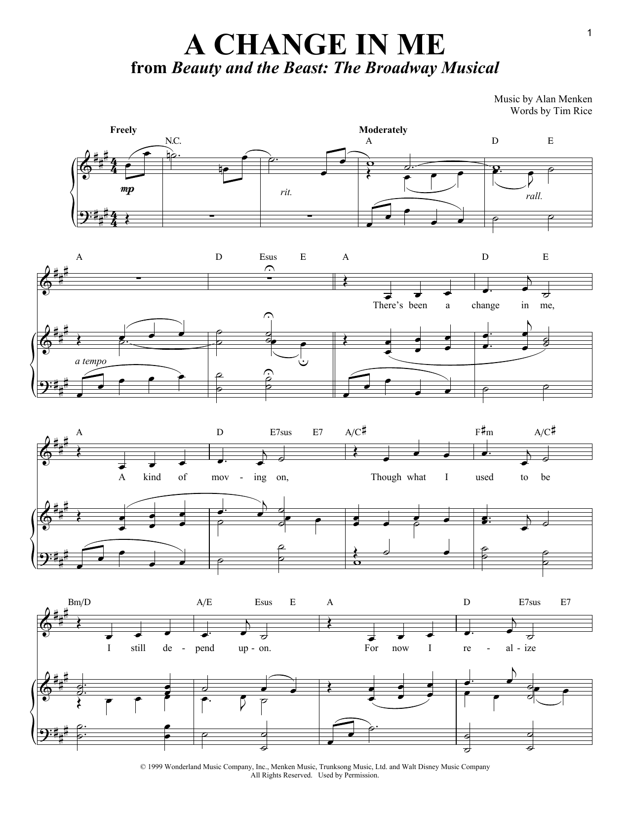 Tim Rice A Change In Me sheet music notes and chords arranged for Piano, Vocal & Guitar Chords (Right-Hand Melody)