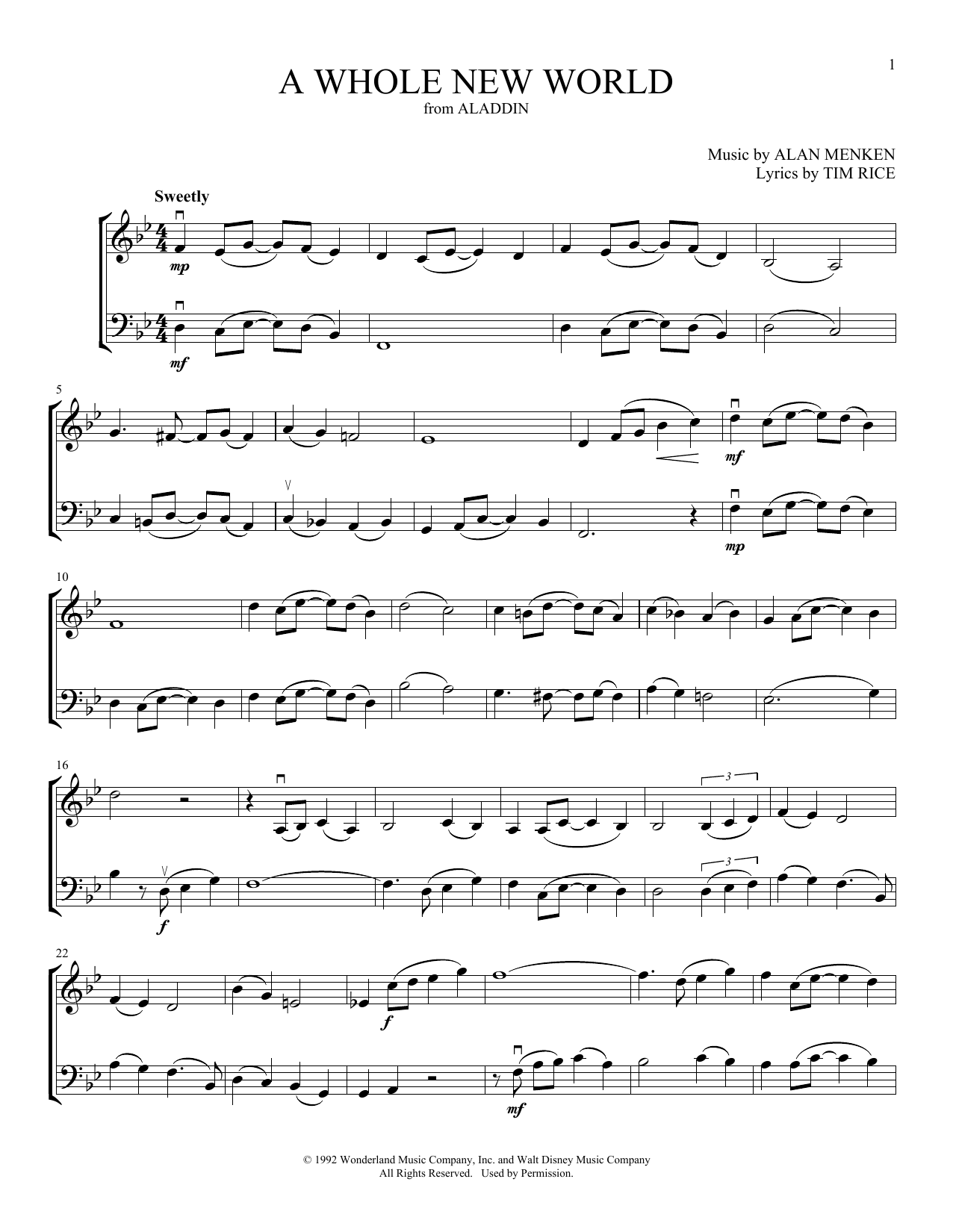 Tim Rice A Whole New World (from Aladdin) (arr. Michelle Hynson) sheet music notes and chords arranged for Instrumental Duet