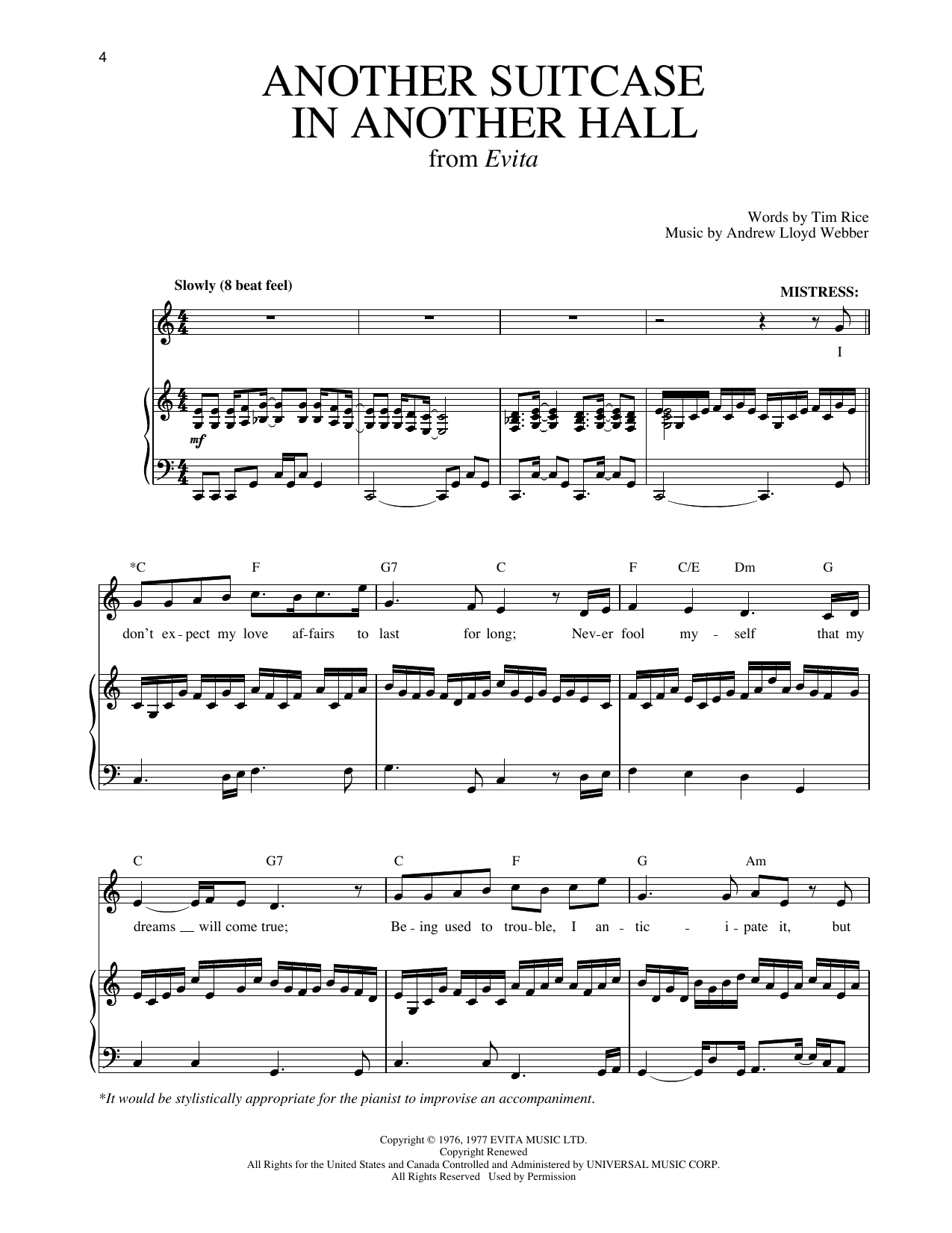 Tim Rice Another Suitcase In Another Hall (from Evita) sheet music notes and chords arranged for Piano & Vocal