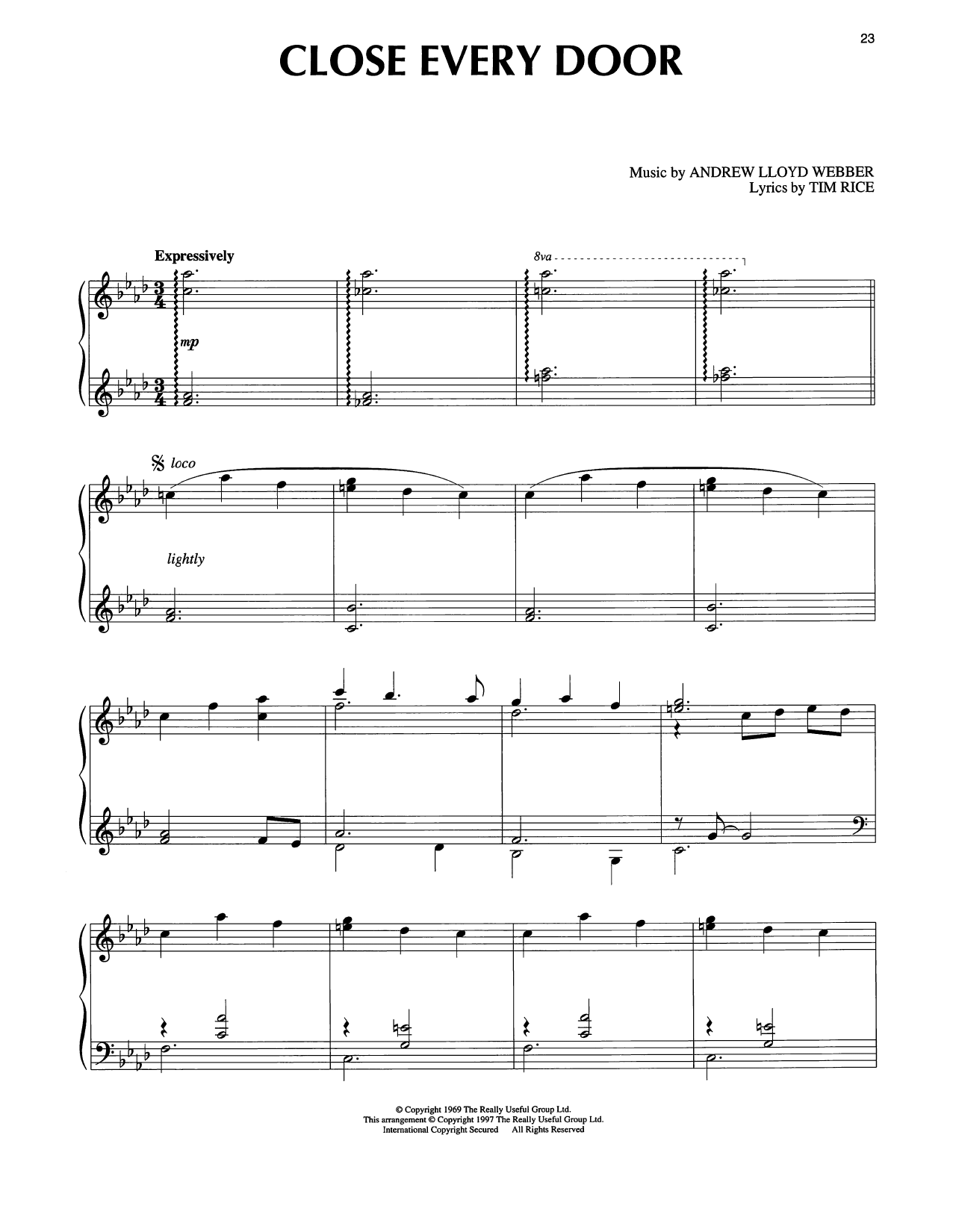 Tim Rice Close Every Door (from Joseph And The Amazing Technicolor Dreamcoat) sheet music notes and chords arranged for Piano Solo