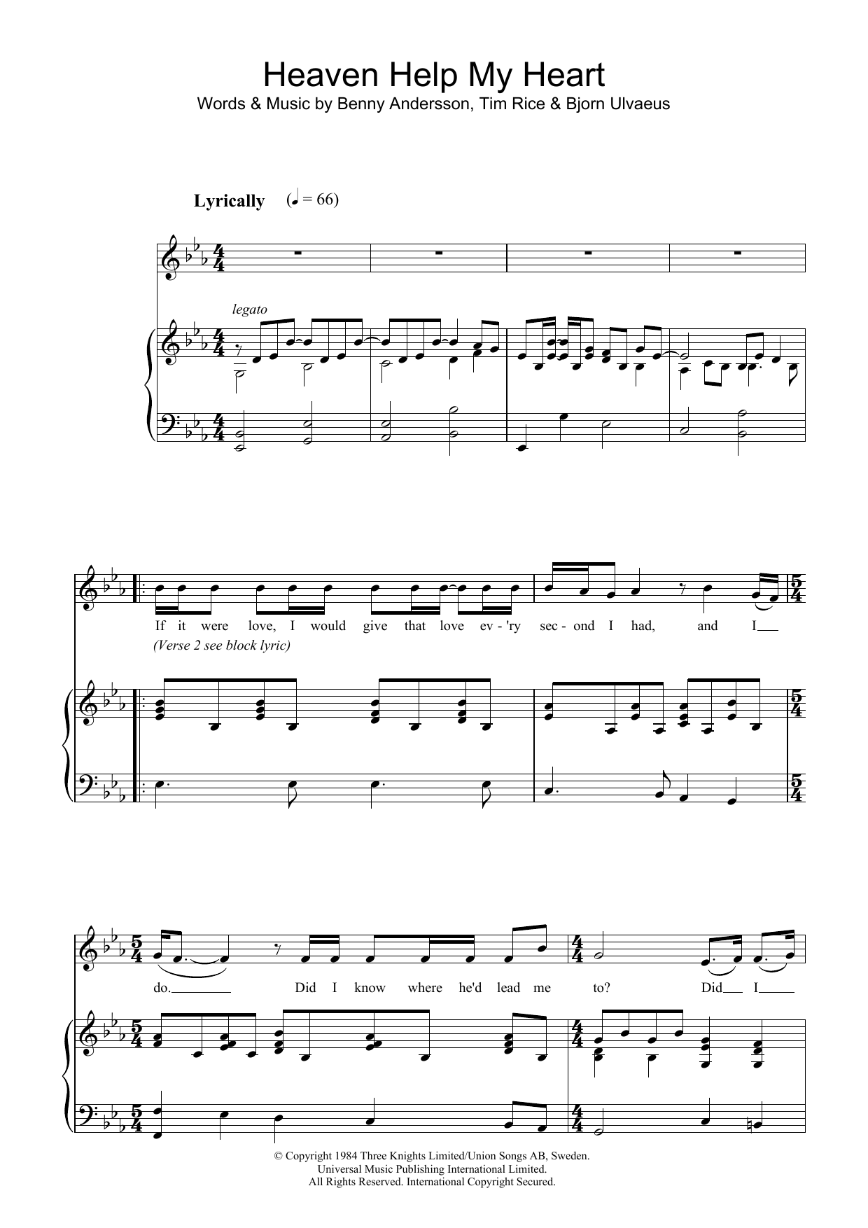 Tim Rice Heaven Help My Heart (from Chess) sheet music notes and chords arranged for Piano & Vocal