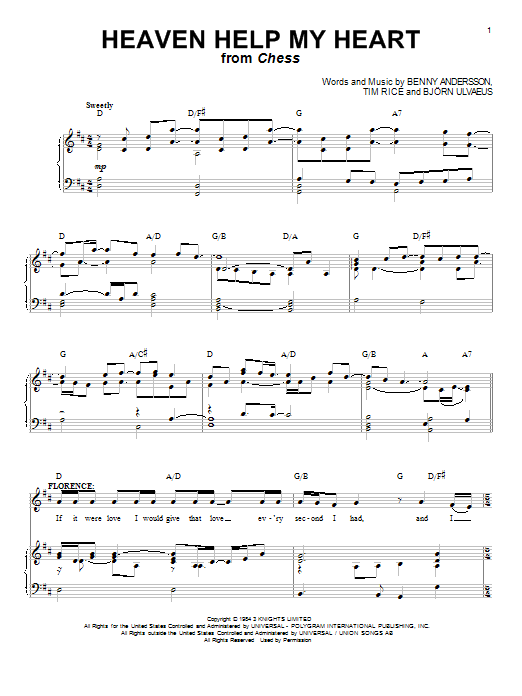 Tim Rice Heaven Help My Heart sheet music notes and chords arranged for Piano, Vocal & Guitar Chords (Right-Hand Melody)