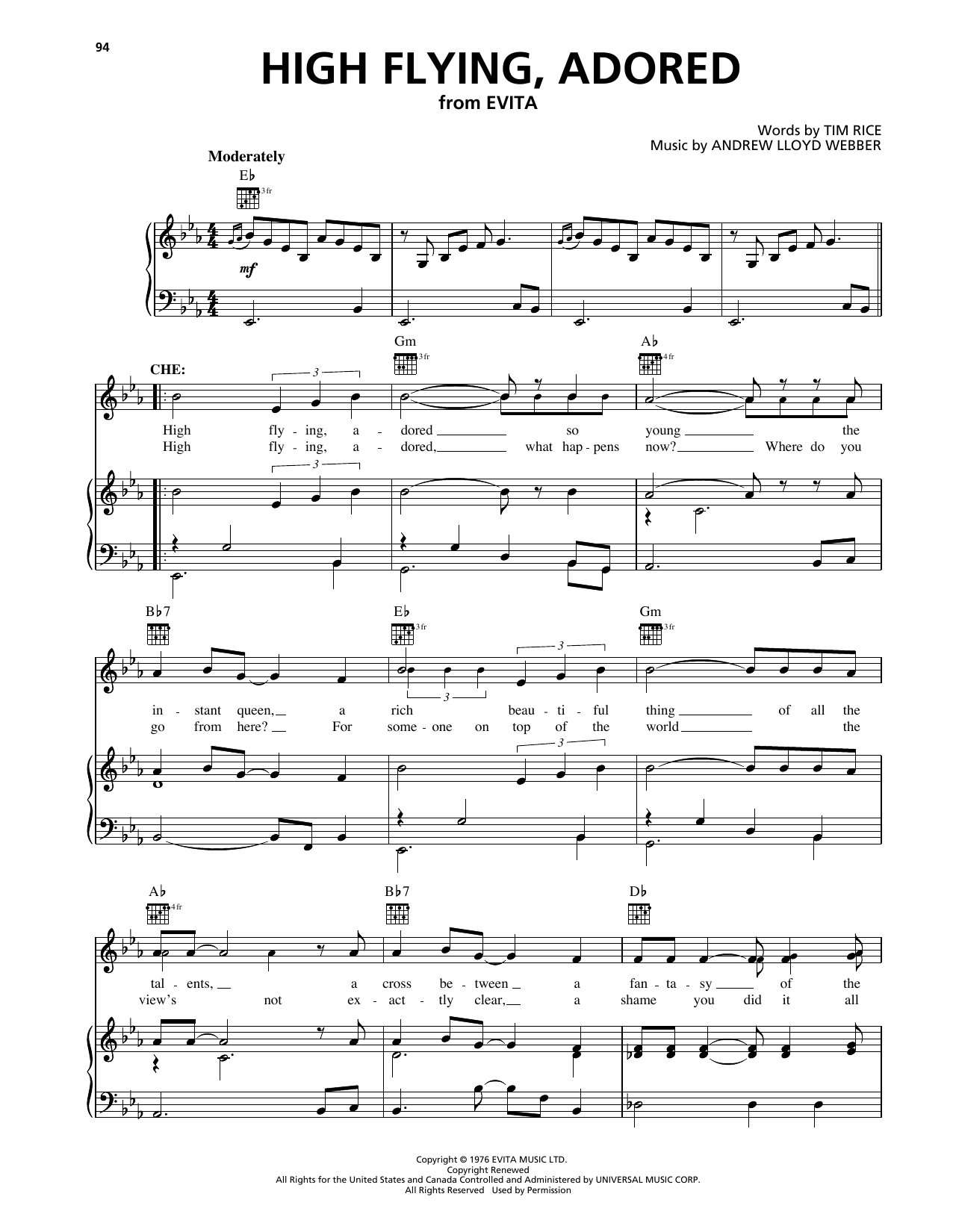 Tim Rice High Flying, Adored (from Evita) sheet music notes and chords arranged for Piano, Vocal & Guitar Chords (Right-Hand Melody)
