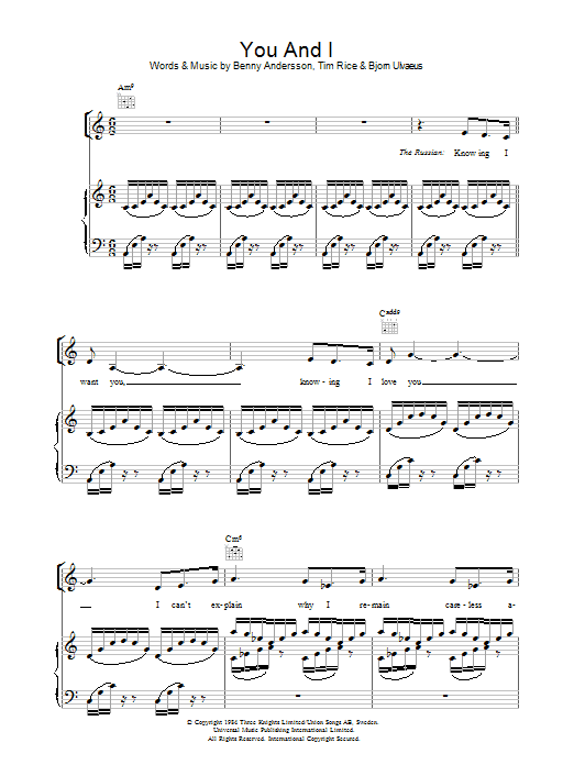 Tim Rice You And I sheet music notes and chords arranged for Piano, Vocal & Guitar Chords