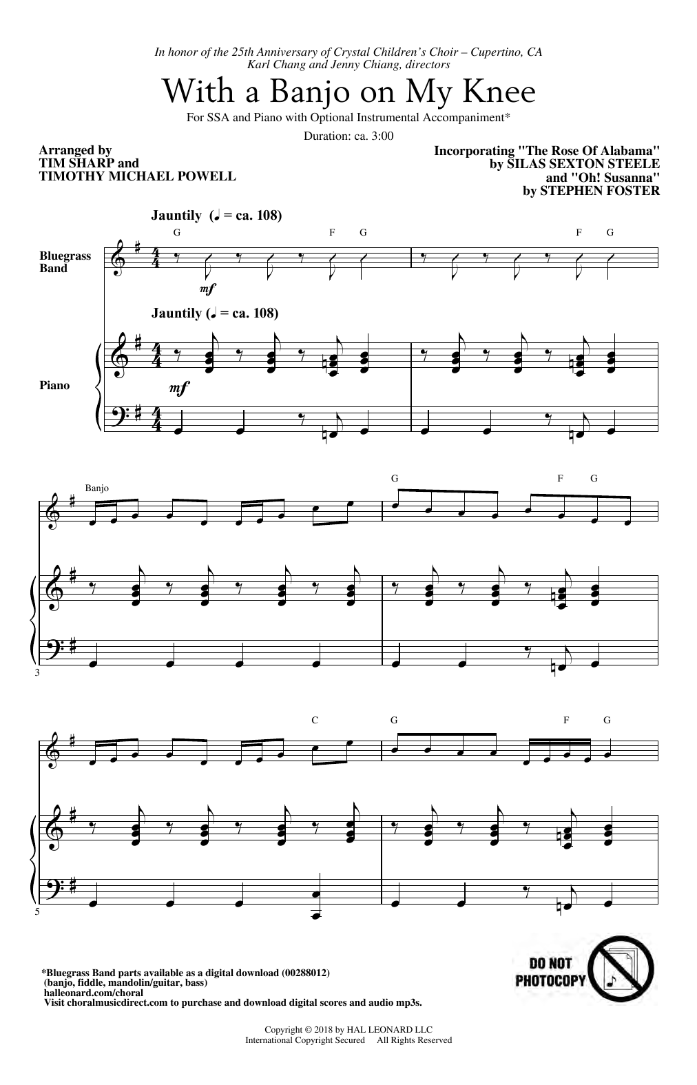 Tim Sharp & Timothy Michael Powell With A Banjo On My Knee sheet music notes and chords arranged for SSA Choir