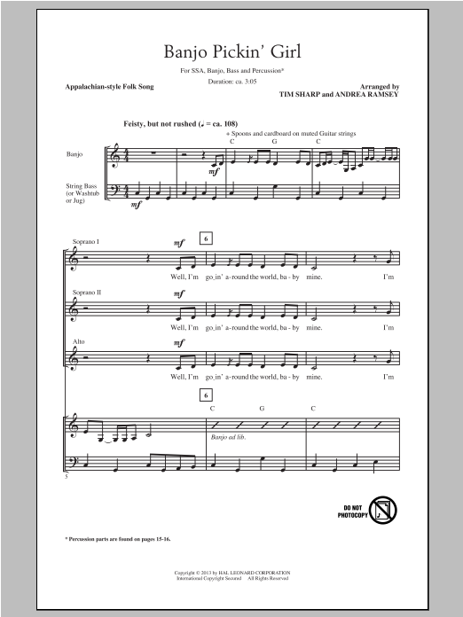 Tim Sharp Banjo Pickin' Girl sheet music notes and chords arranged for SSA Choir