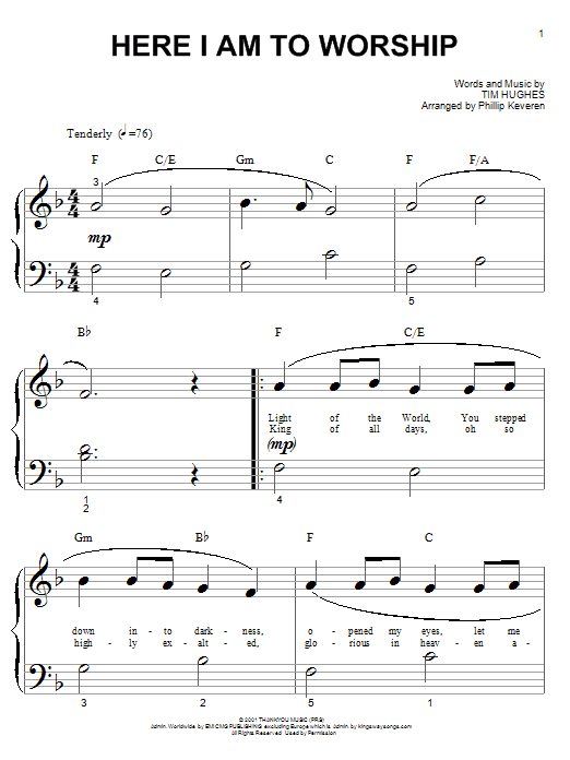 Tim Hughes Here I Am To Worship (arr. Phillip Keveren) sheet music notes and chords arranged for Big Note Piano