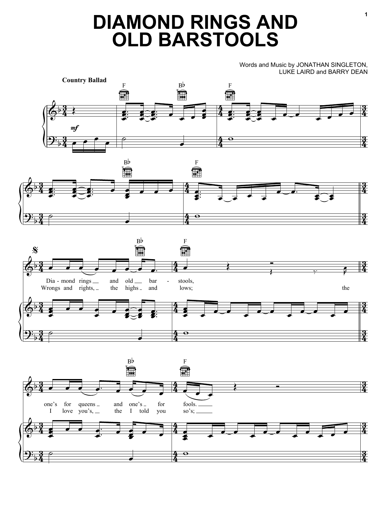 Tim McGraw Diamond Rings And Old Barstools sheet music notes and chords arranged for Piano, Vocal & Guitar Chords (Right-Hand Melody)