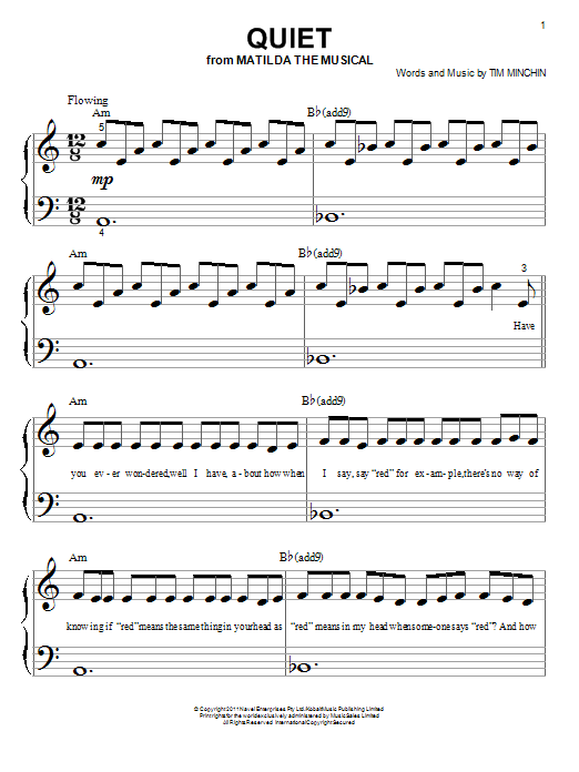 Tim Minchin Quiet (From 'Matilda The Musical') sheet music notes and chords arranged for Big Note Piano