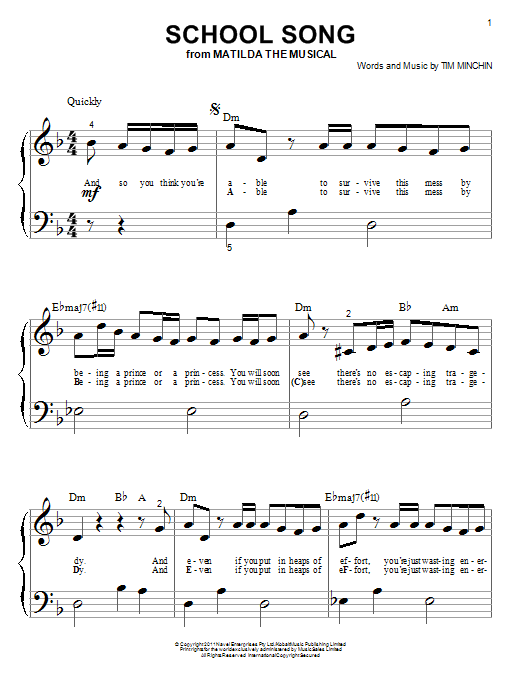 Tim Minchin School Song (from 'Matilda The Musical') sheet music notes and chords arranged for Big Note Piano