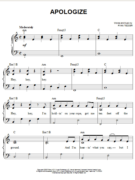 Timbaland Apologize (feat. OneRepublic) sheet music notes and chords arranged for Easy Piano