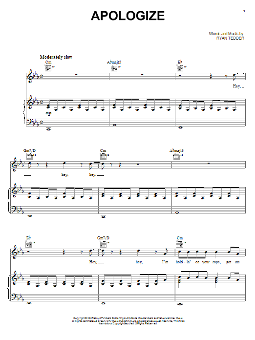 Timbaland featuring OneRepublic Apologize sheet music notes and chords arranged for Very Easy Piano