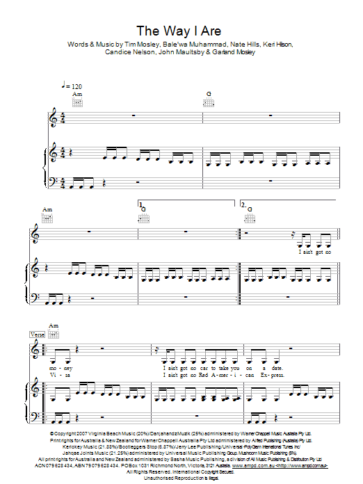 Timbaland The Way I Are sheet music notes and chords arranged for Piano, Vocal & Guitar Chords