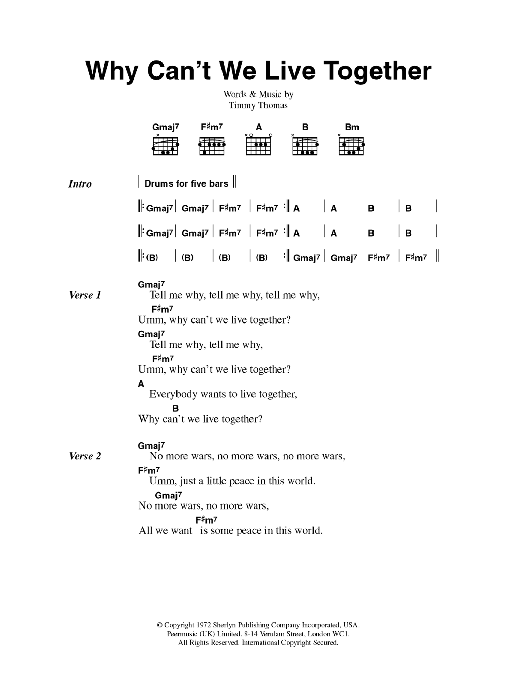 Timmy Thomas Why Can't We Live Together sheet music notes and chords arranged for Guitar Chords/Lyrics