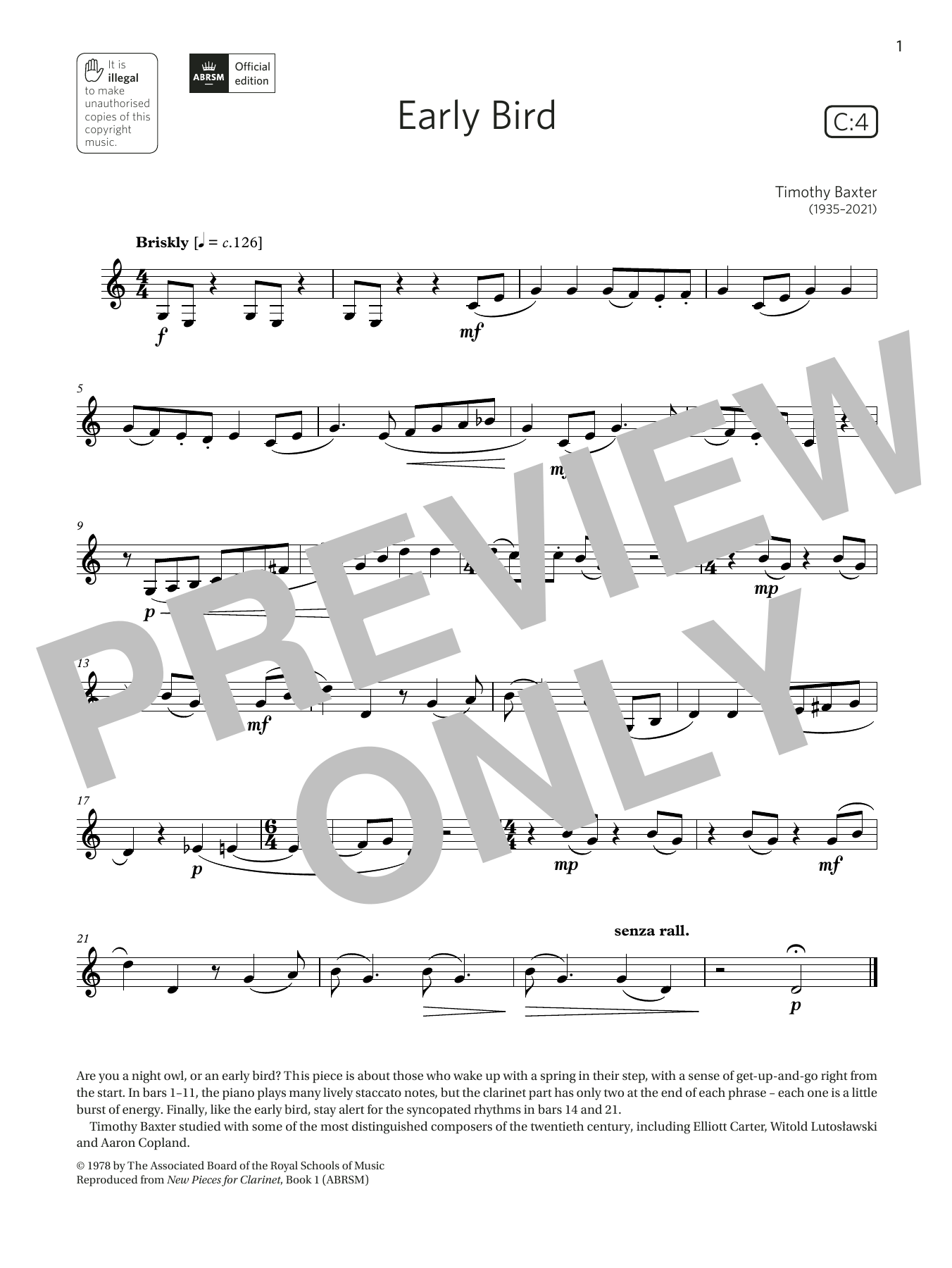 Timothy Baxter Early Bird (Grade 3 List C4 from the ABRSM Clarinet syllabus from 2022) sheet music notes and chords arranged for Clarinet Solo
