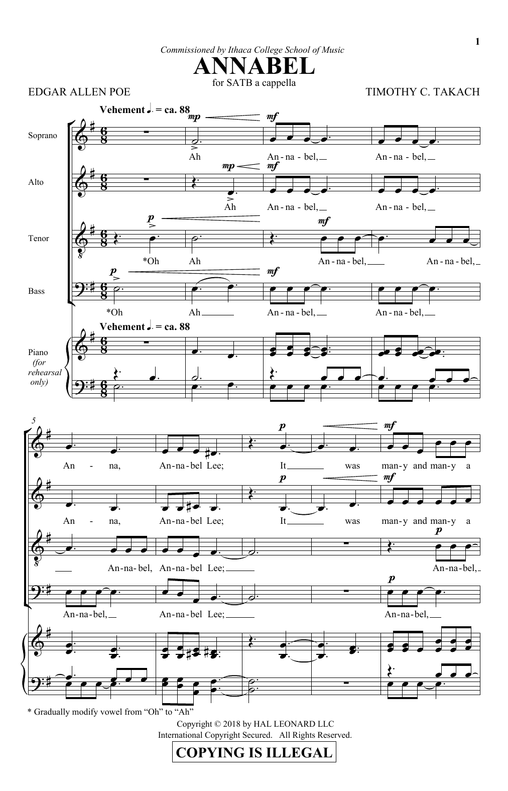 Timothy C. Takach Annabel sheet music notes and chords arranged for SATB Choir
