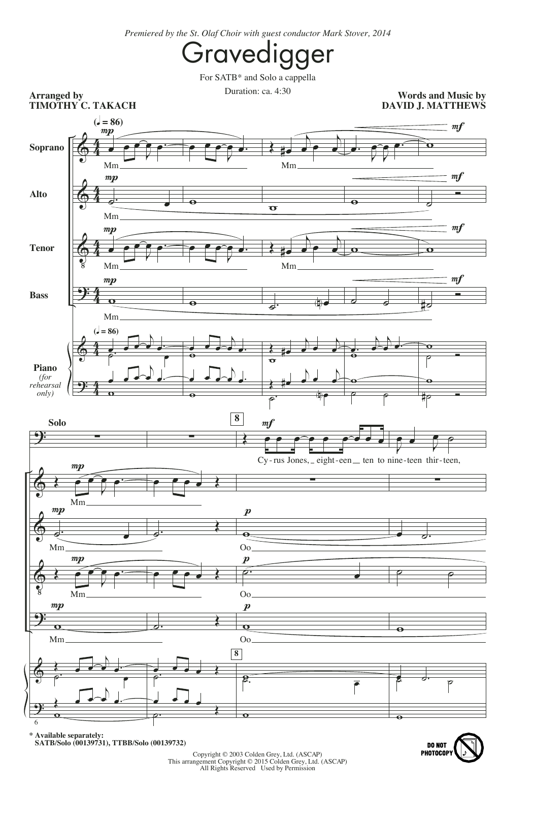 Timothy C. Takach Gravedigger sheet music notes and chords arranged for SSA Choir