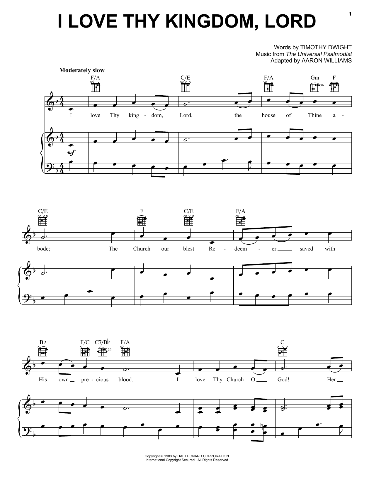 Timothy Dwight I Love Thy Kingdom, Lord sheet music notes and chords arranged for Piano, Vocal & Guitar Chords (Right-Hand Melody)