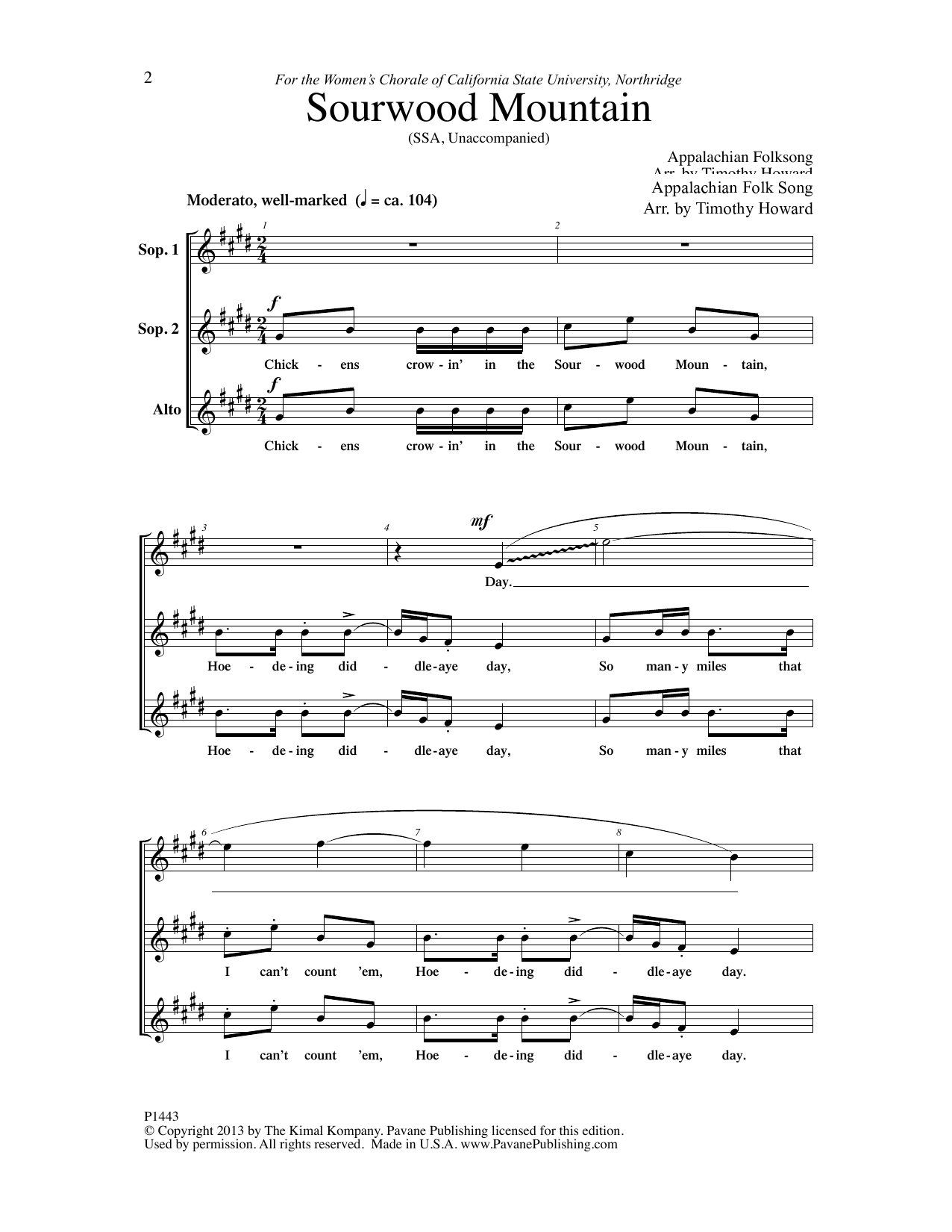 Timothy Howard Sourwood Mountain sheet music notes and chords arranged for SSA Choir