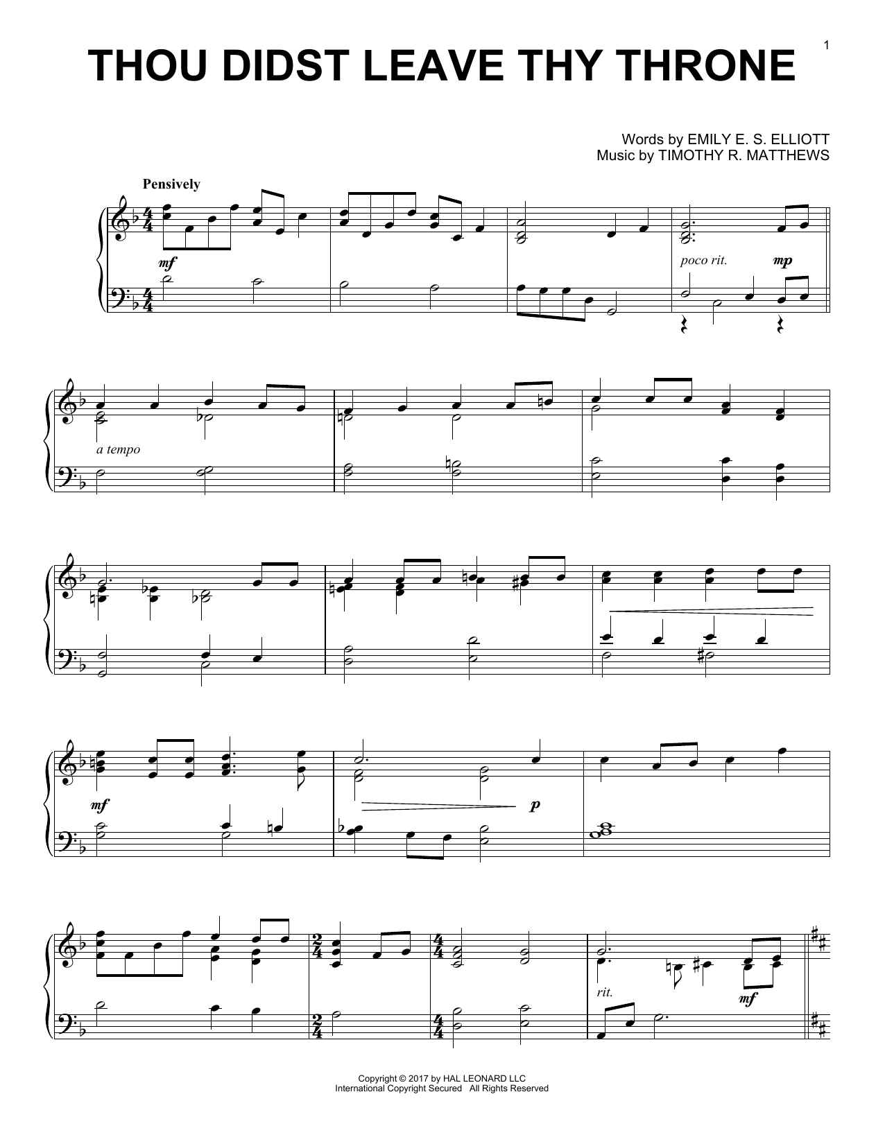 Timothy R. Matthews Thou Didst Leave Thy Throne sheet music notes and chords arranged for Piano Solo