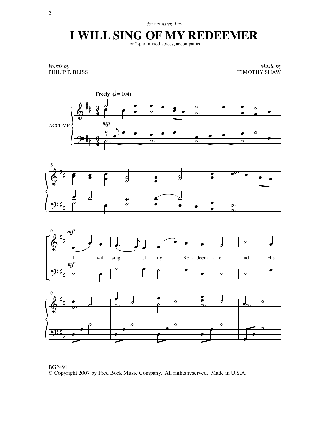 Timothy Shaw I Will Sing Of My Redeemer sheet music notes and chords arranged for SATB Choir