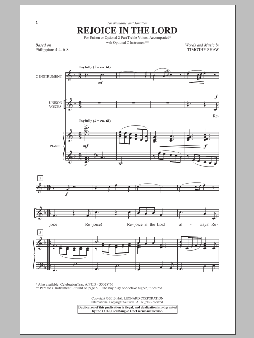 Timothy Shaw Rejoice In The Lord sheet music notes and chords arranged for Choir