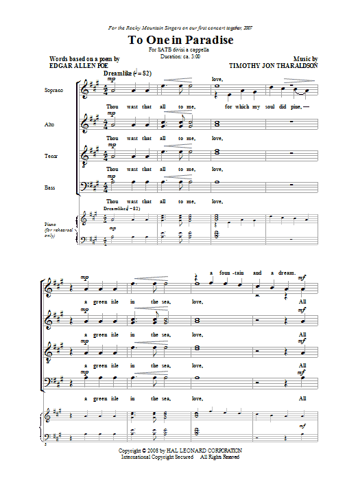 Timothy Tharaldson To One In Paradise sheet music notes and chords arranged for SATB Choir
