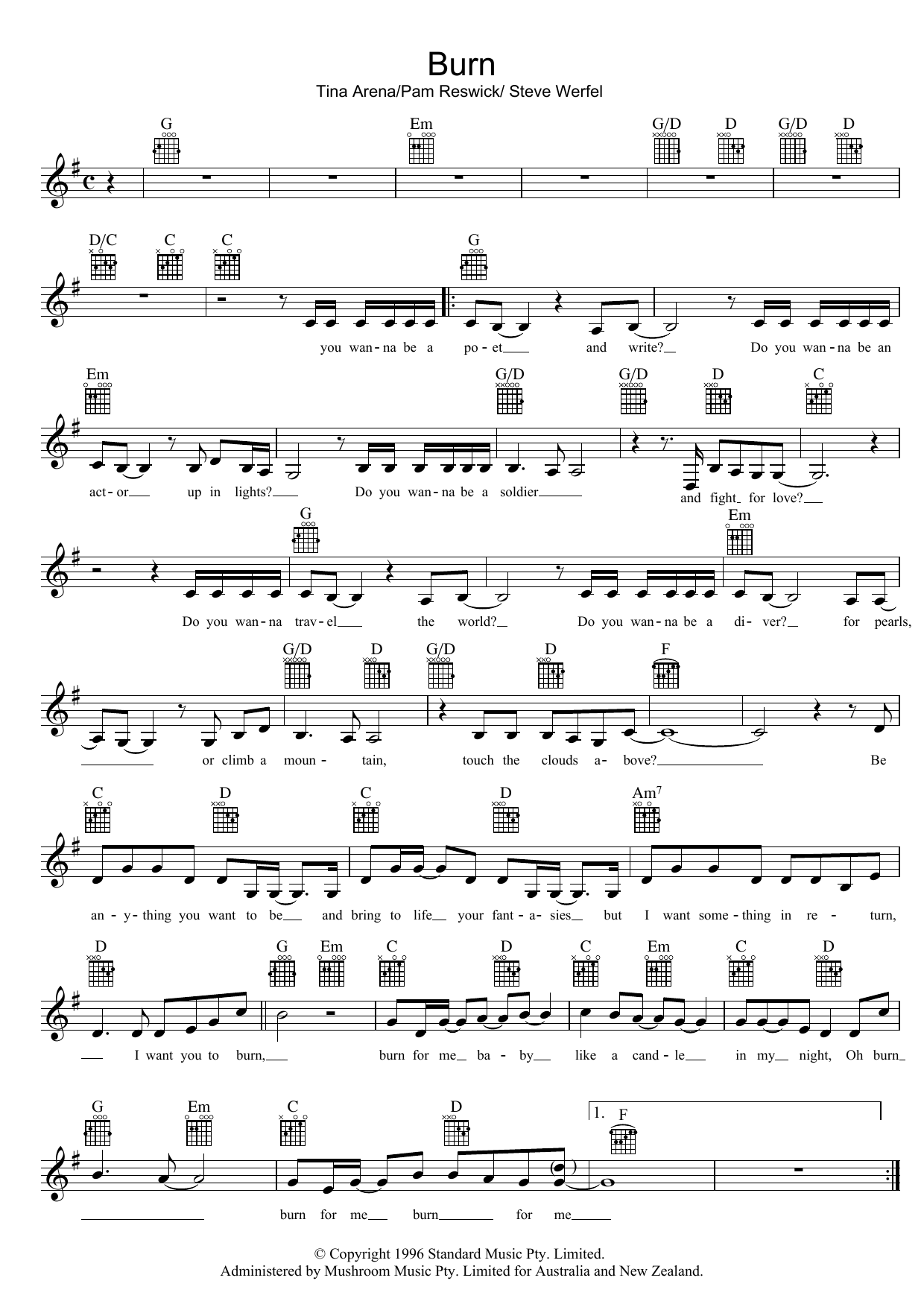 Tina Arena Burn sheet music notes and chords arranged for Piano, Vocal & Guitar Chords