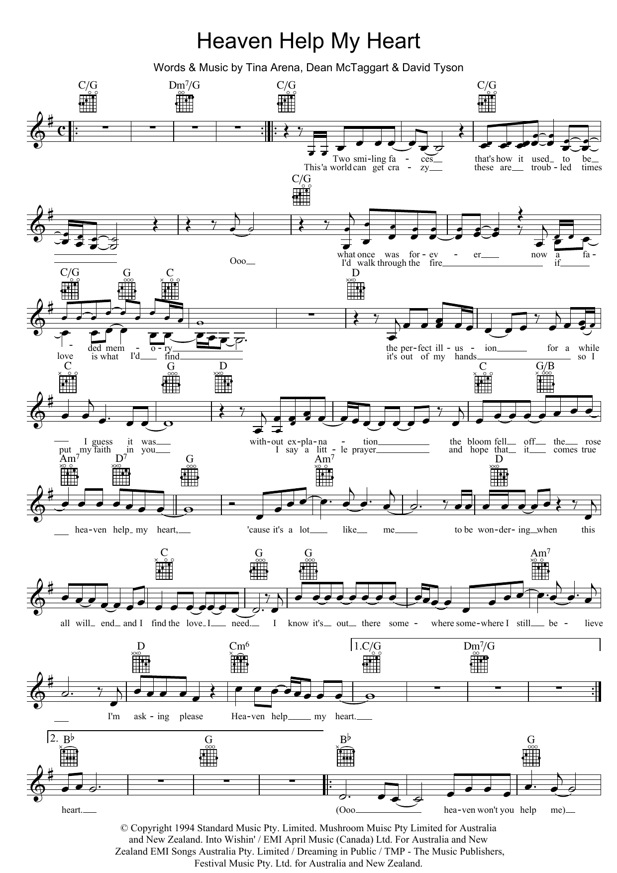 Tina Arena Heaven Help My Heart sheet music notes and chords arranged for Lead Sheet / Fake Book